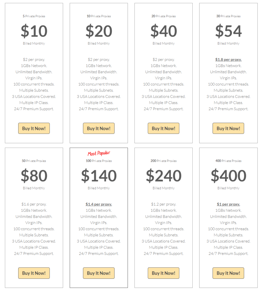 A screenshot showing Stormproxies’s dedicated rotating proxies price plans