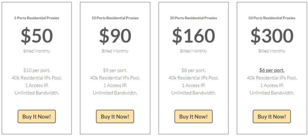 A screenshot showing Stormproxies’s residential rotating proxies price plans