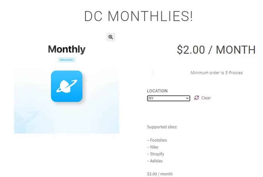 A screenshot showing Brazy Kicks Proxies monthly datacenter plans