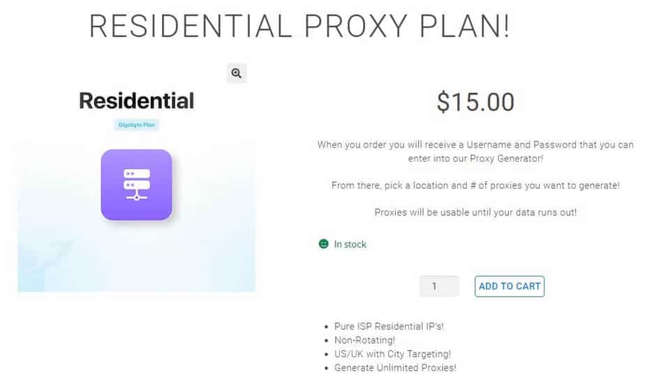 A screenshot showing Brazy Kicks Proxies monthly residential plans