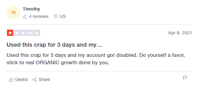 A picture of a negative comment on Trustpilot left by a user regarding like4like.